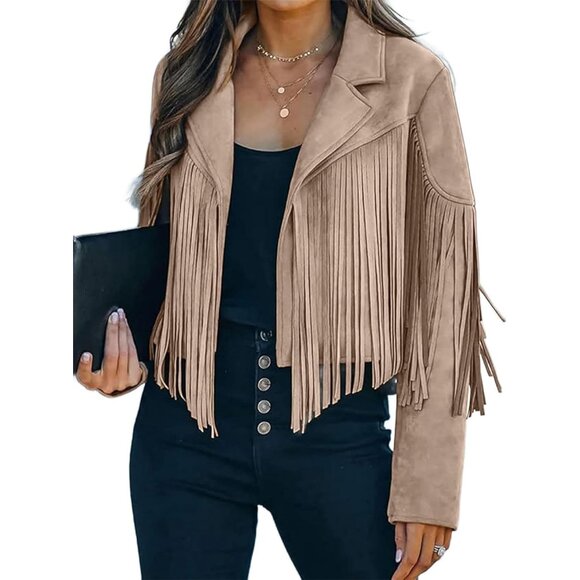 Jackets & Blazers - Women's Apricot Trendy Fall Western Fringe Cropped Faux Suede Leather Jackets